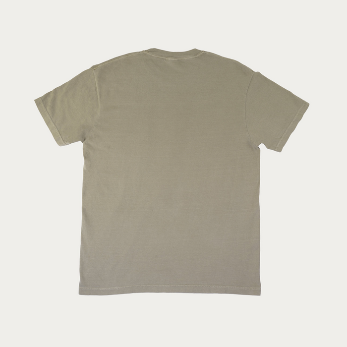 A plain short-sleeve crewneck t-shirt shown from the back, laid flat against a light off-white background.