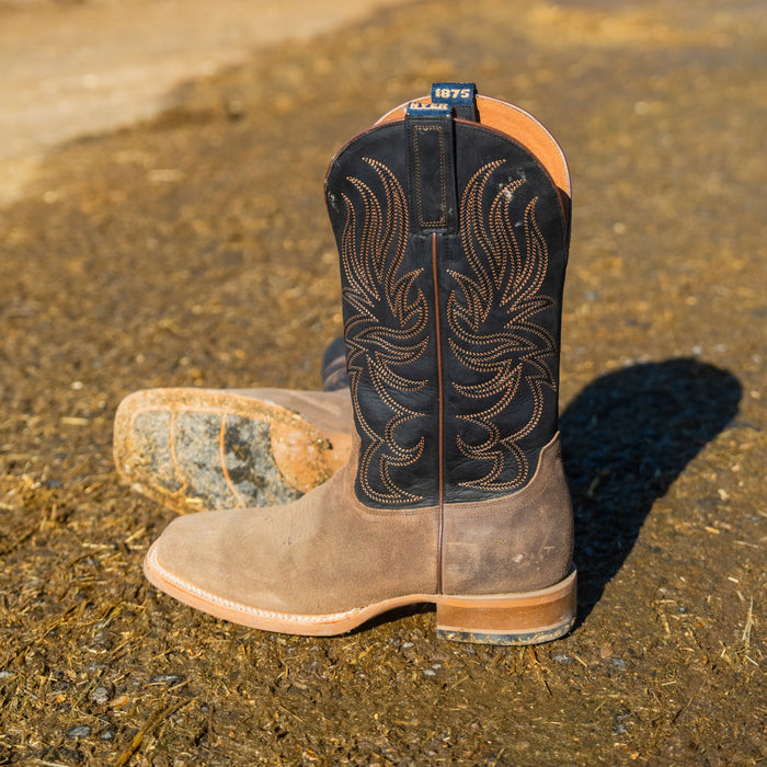 A pair of western cowboy boots standing on a dirt ground. The boots feature a brown leather lower section and a black leather upper section with tan embroidery.