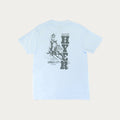 Light blue t-shirt with a graphic of a person riding a horse and text on the back, on a light gray background.