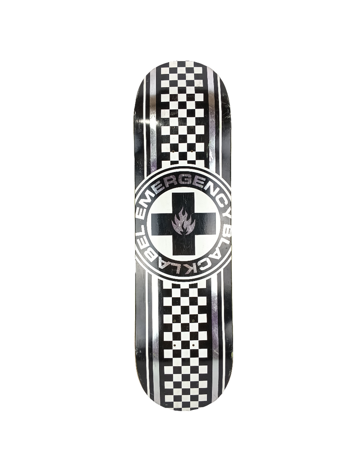 Black Label Emergency Team Deck Racing Stripes Black White Silver Foil Size 8.66 Vintage NOS Deck