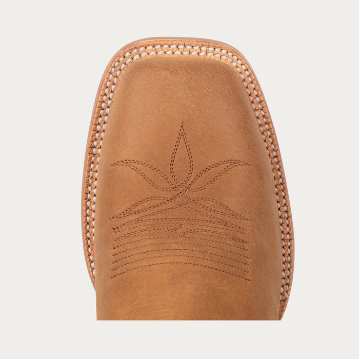 Brown leather glove with embroidered design on a light gray background