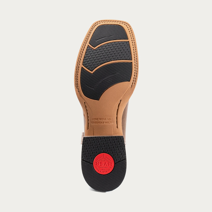 Shoe sole with black and brown design on a light gray background