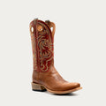 A single cowboy boot shown in profile against a light gray background. The boot features a tan leather vamp and a reddish-brown shaft with ornate gold and beige embroidered western detailing.