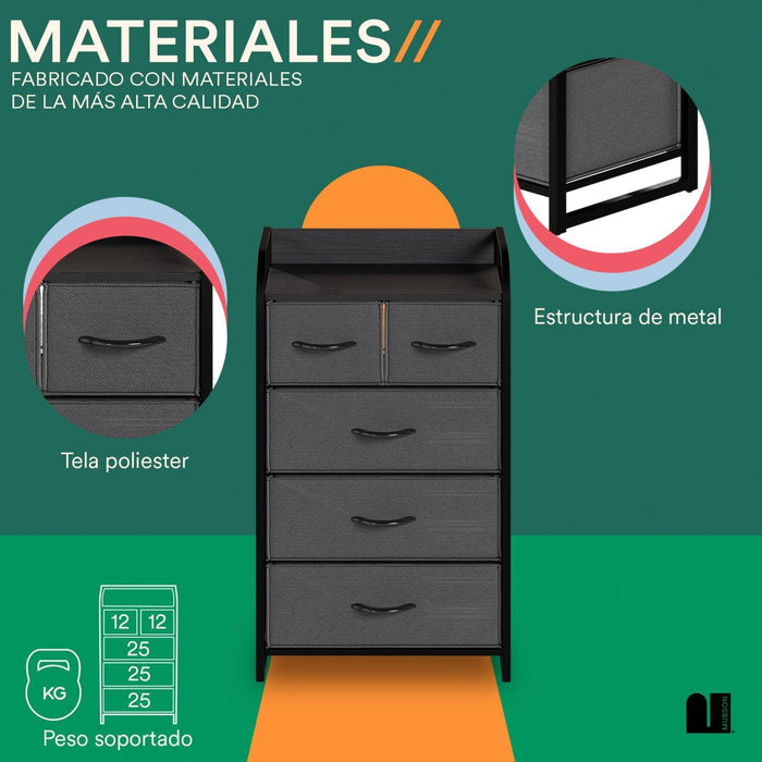 Cajonera. Comoda con 5 Cajones de Tela. Chifonier Nara