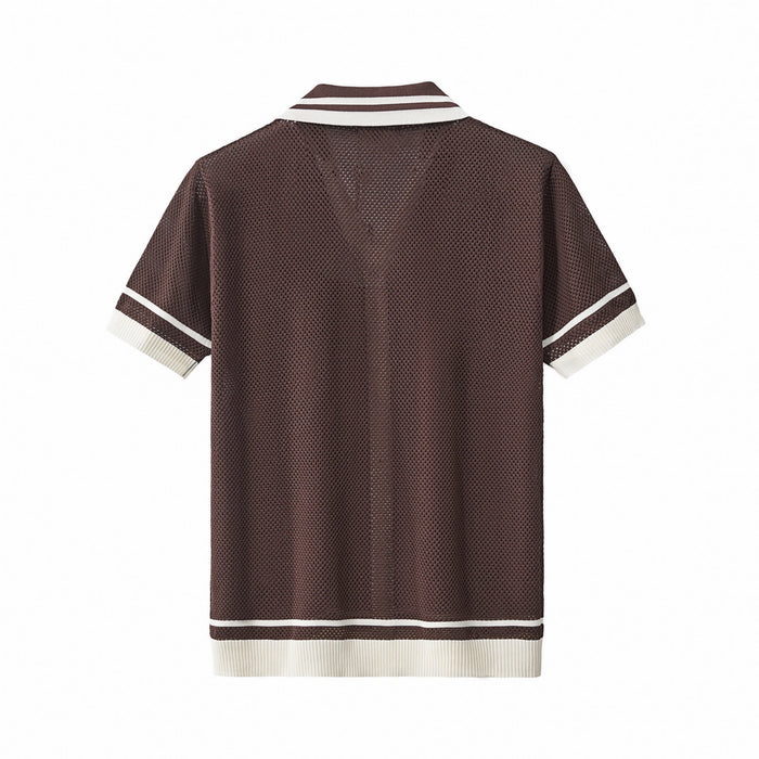 Contrast Trim Mesh Knit Button-Up COFFEE