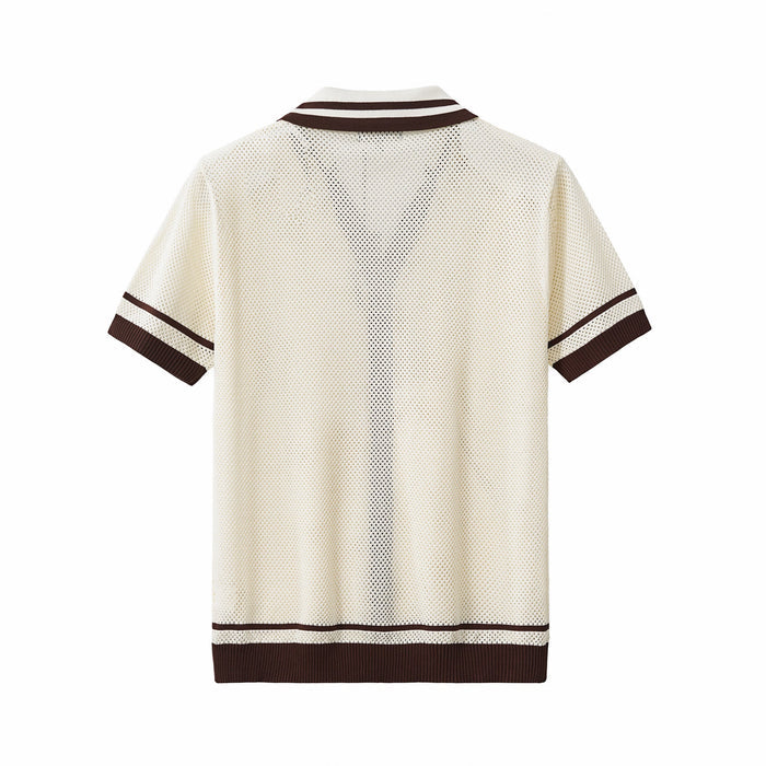Contrast Trim Mesh Knit Button-Up IVORY