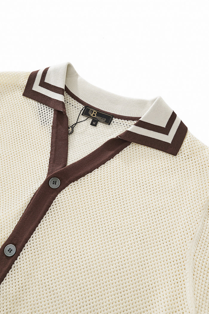 Contrast Trim Mesh Knit Button-Up IVORY