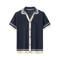 Contrast Trim Mesh Knit Button-Up NAVY