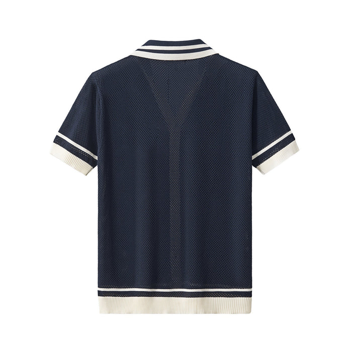 Contrast Trim Mesh Knit Button-Up NAVY