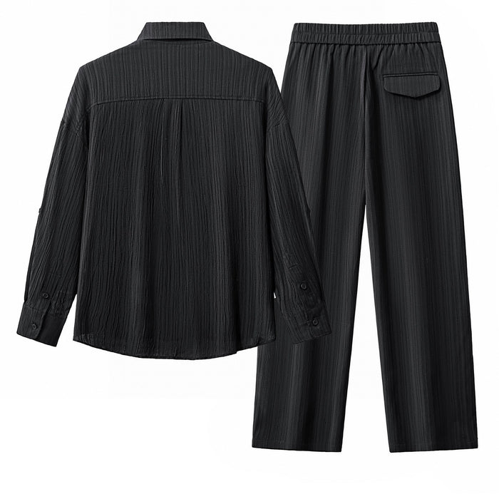 Crinkle Texture Shirt & Pant Set BLACK