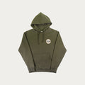 Green hoodie with a logo on a light gray background