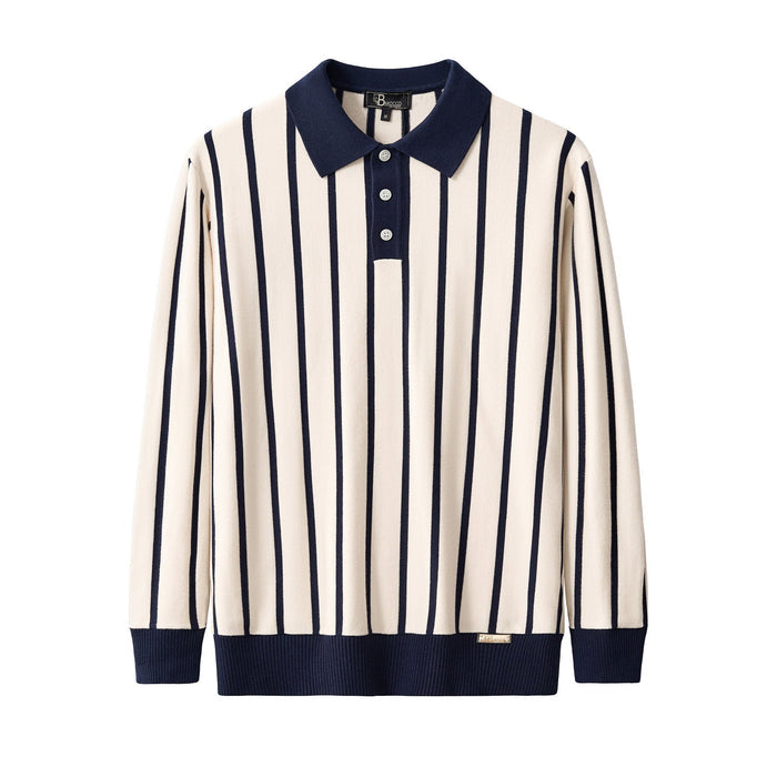 Imperial Stripe Knit Polo LS IVORY