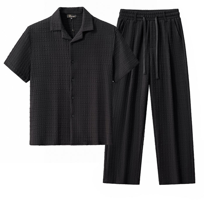 Loft Set – Textured Short Sleeve Shirt & Pant BLACK