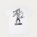 A white short-sleeve t-shirt with a black graphic print on the front. The graphic features a cowboy character, accompanied by the text 'Dyin' with yer Boots on's alright - if they're Hyer Boots' and the hashtag '#RIDEHYER'.