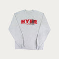 Gray sweatshirt with red and black logo on a white background