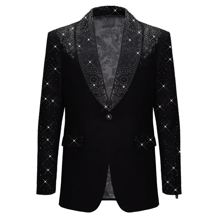 Luxurious Black Blazer with Elegant Rhinestone Emb BLACK - Dudes Boutique