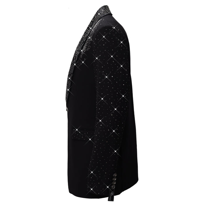 Luxurious Black Blazer with Elegant Rhinestone Emb BLACK