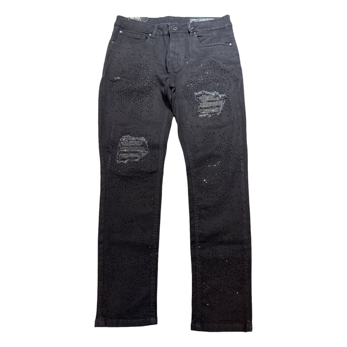 M. Society Men's Black Ripped & Rhinestone Jeans