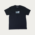 Black short sleeve crew neck t-shirt with blue and red graphic print and the text "Cowgirl Boots"