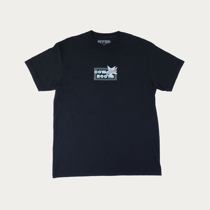Black short sleeve crew neck t-shirt with blue and red graphic print and the text "Cowgirl Boots"