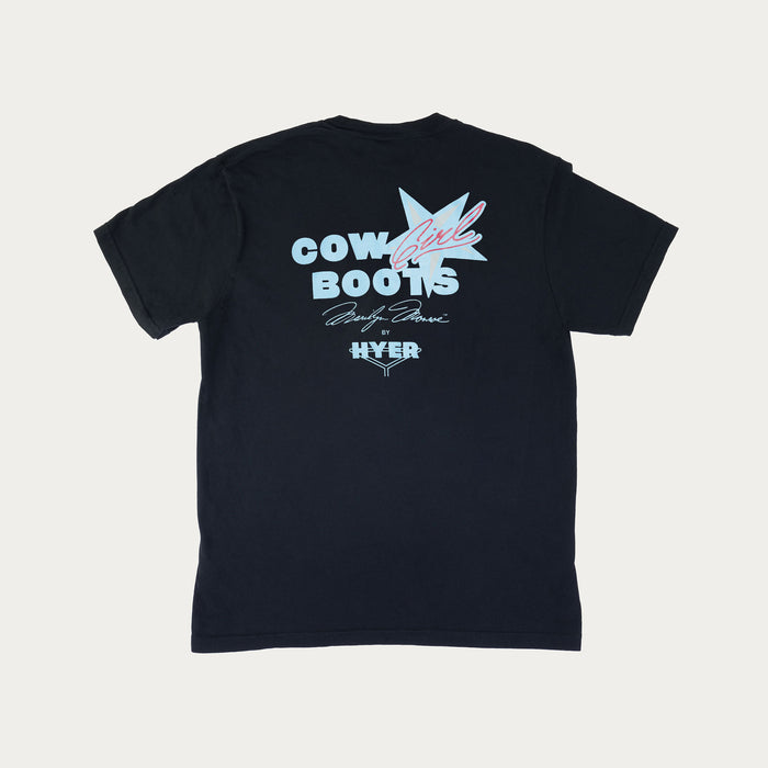 Back of black short sleeve crew neck short sleeve t-shirt with blue and red graphic print with the text "CowGirl Boots Marilyn Monroe x Hyer"