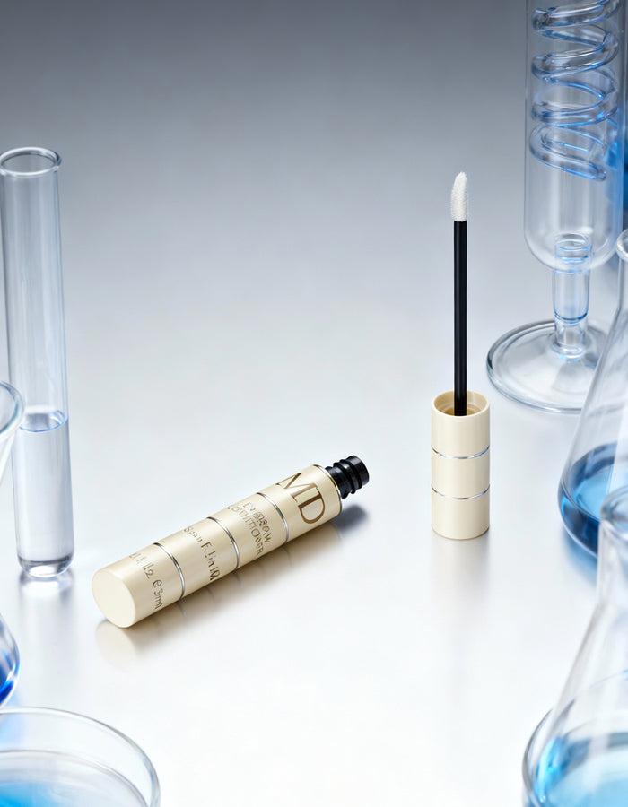 MD® Eyebrow Conditioner tube and applicator by Susan F. Lin, M.D., shown with laboratory glassware