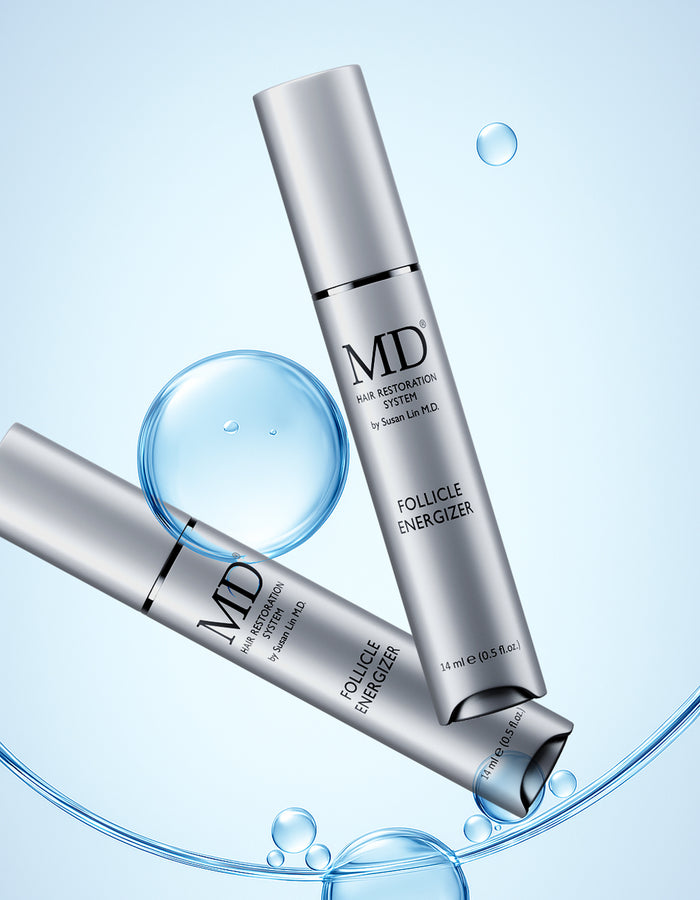 Two MD® Follicle Energizer scalp serum tubes with water droplets