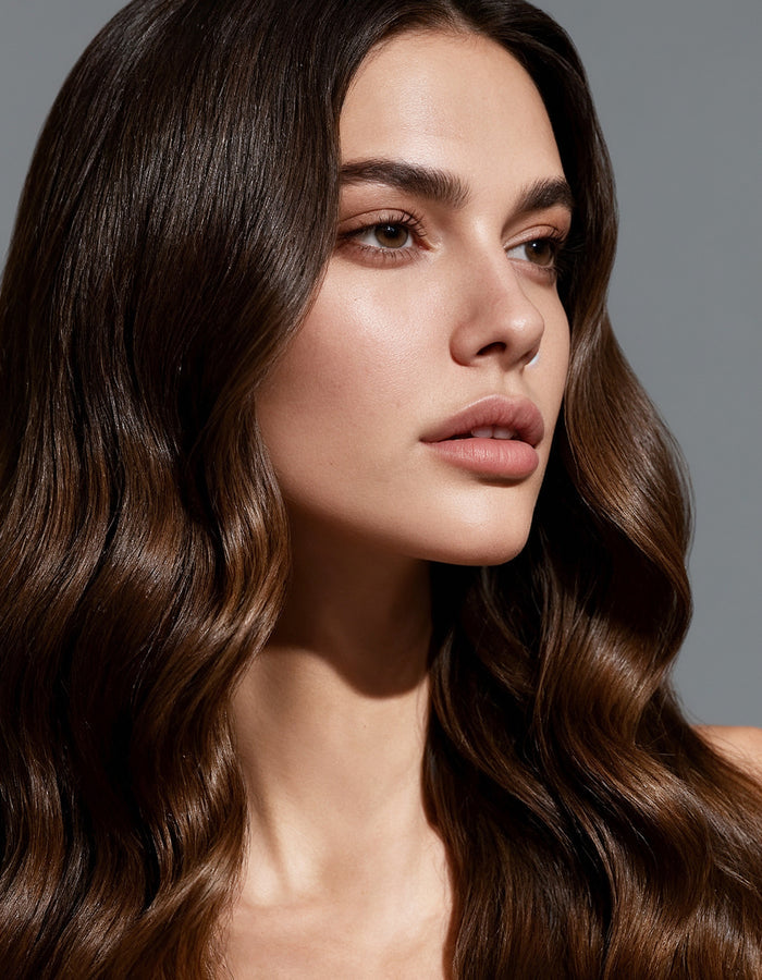 Model with long, glossy brown hair, lifestyle image for the MD® Hair Care System — Complete Set