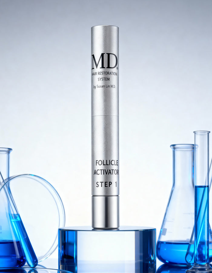 MD® Follicle Activator Step 1 scalp serum pen with laboratory glassware