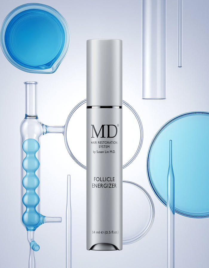 MD® Follicle Energizer scalp serum tube with laboratory glassware