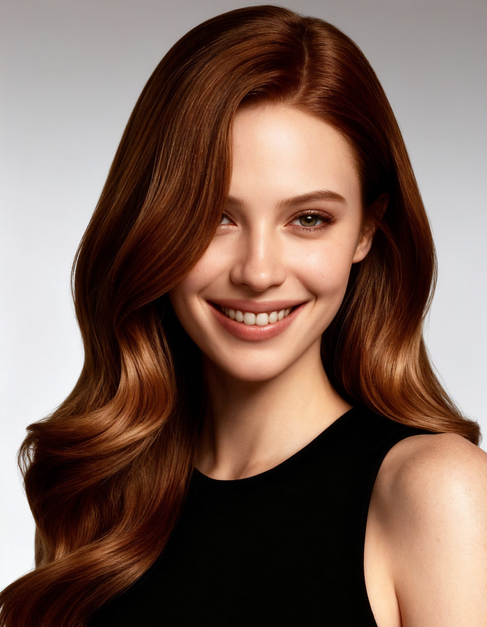 Smiling model with long, glossy auburn hair, lifestyle image for the MD® Hair Care System