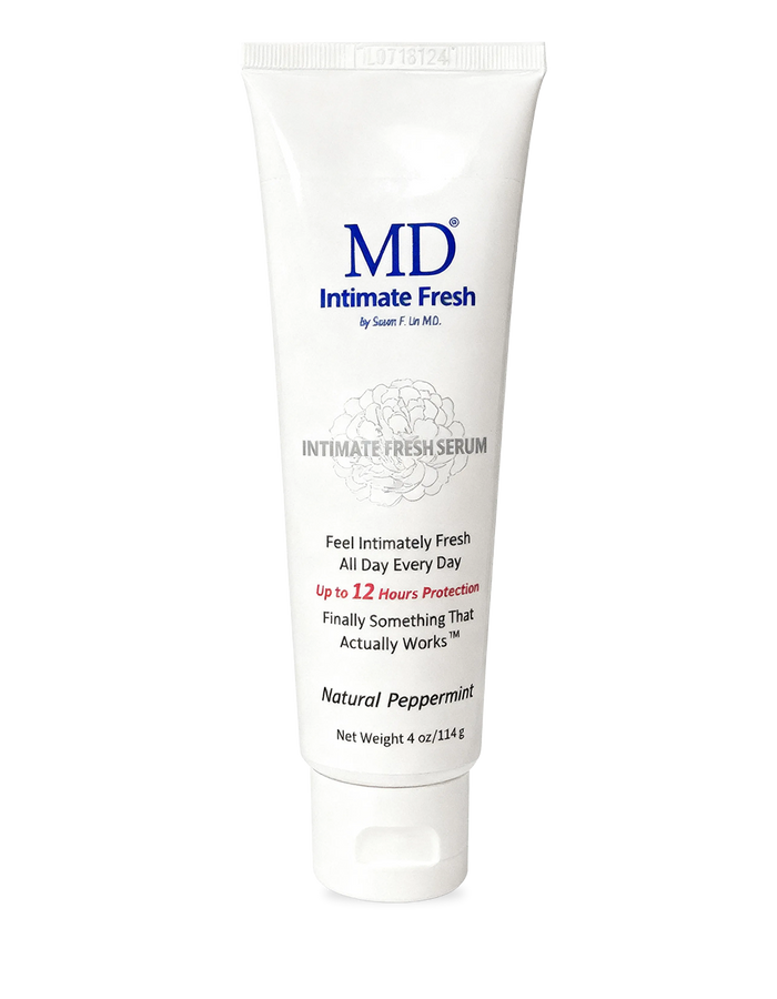 MD Intimate Fresh hygiene serum with box from MD Wellness—a leave-on formula for freshness, pH balance, and daily comfort