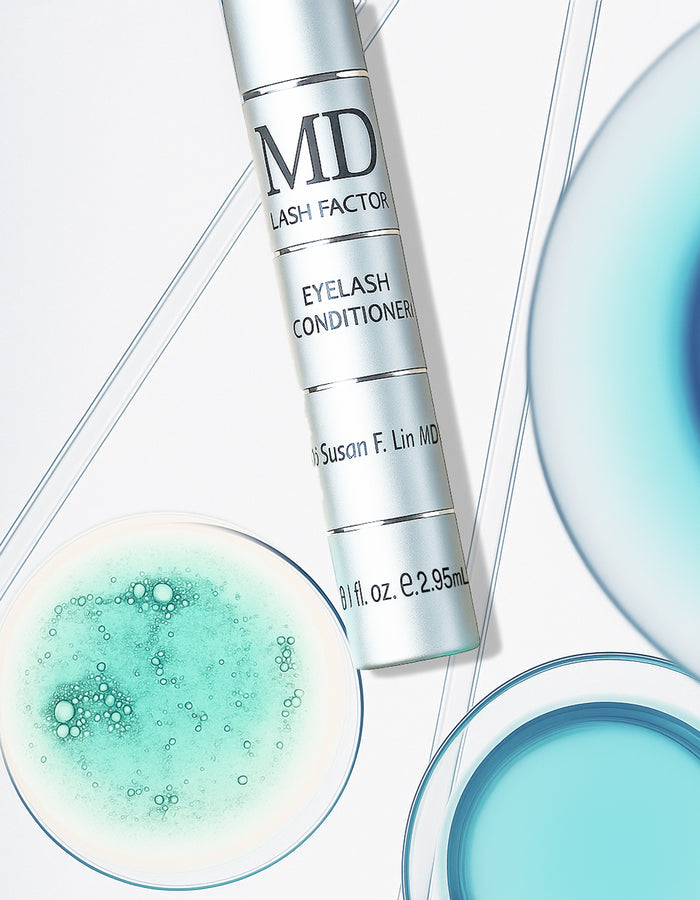 Scientific breakdown of MD Lash Factor® ingredients, including its patented active dechloro ethylcloprostenolamide, a cosmetic-grade prostaglandin analogue, plus conditioning agents.