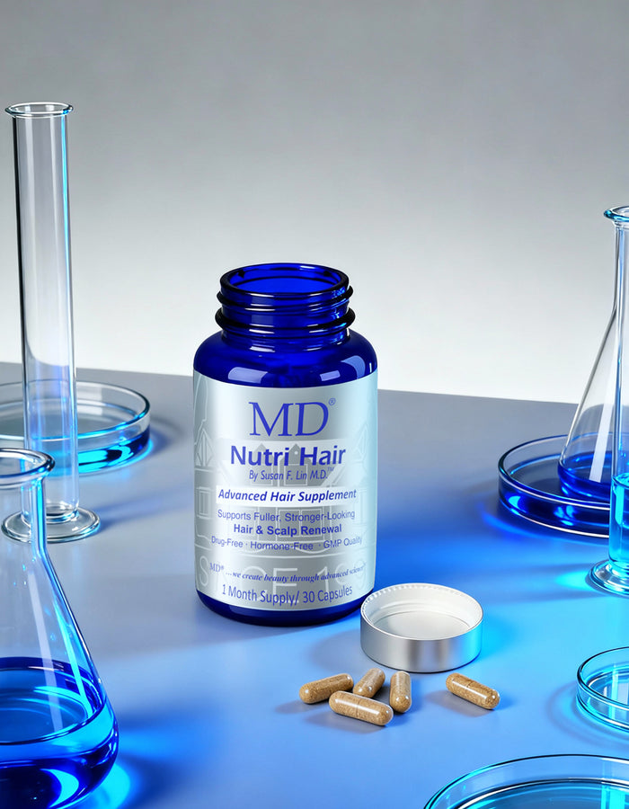 MD® Nutri Hair supplement bottle by MD HAIR™ — physician-formulated to support hair density from within