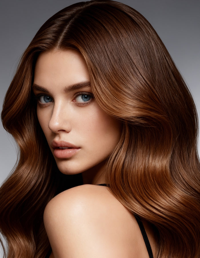 Woman with fuller-looking hair holding MD® Nutri Hair by MD HAIR™ — drug-free, physician-formulated, made in the USA
