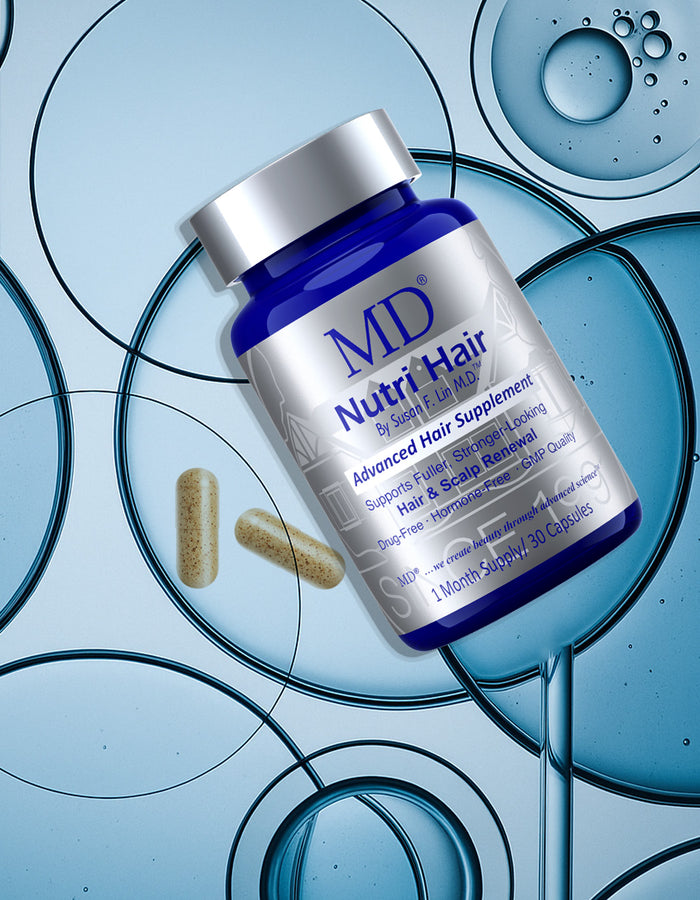 MD® Nutri Hair supplement bottle and capsules, physician-formulated with lilac extract