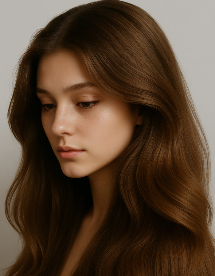 Model with long, healthy-looking hair for MD® Scalp Essential leave-in scalp serum