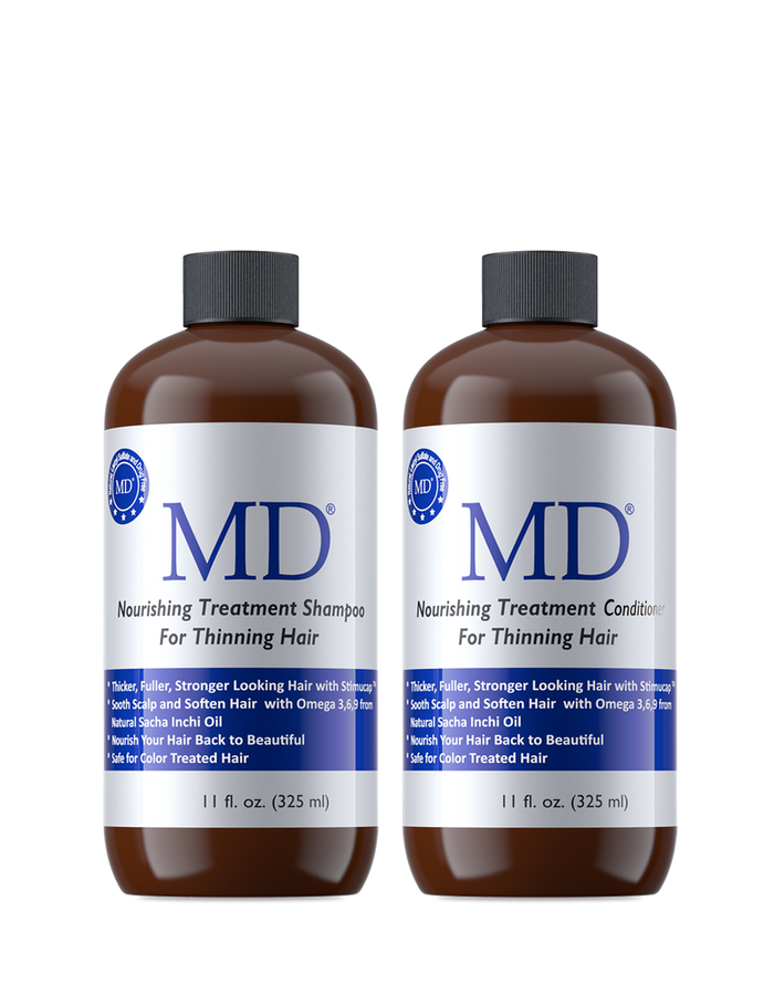 Two bottles — MD® Revitalizing Treatment Shampoo and Conditioner by MD HAIR™, sulfate-free and physician-formulated by Dr. Susan Lin, M.D.