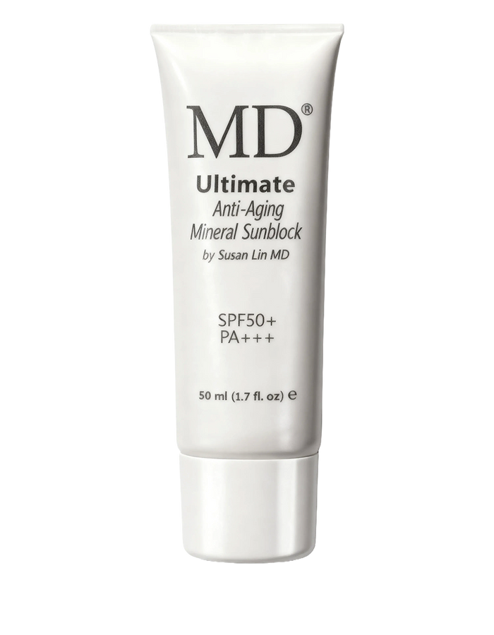 MD Ultimate Tinted Mineral Sunblock SPF 50 tube provides medical-grade broad-spectrum UVA/UVB protection and a non-greasy matte finish.
