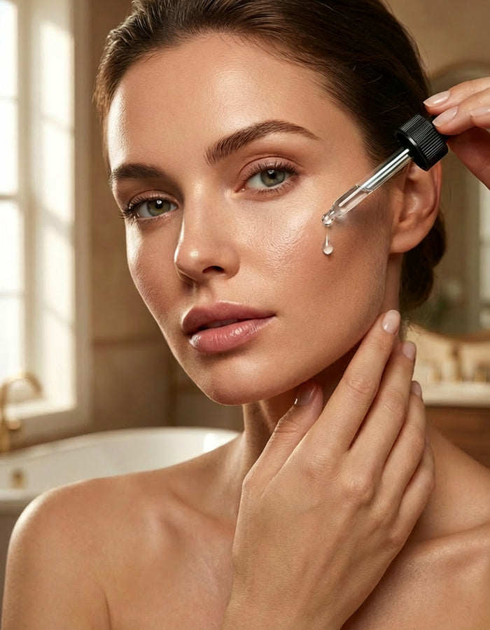 A woman applying MD Ultimate Vitamin C Serum to her face to treat fine lines and hyperpigmentation while providing digital blue light protection.