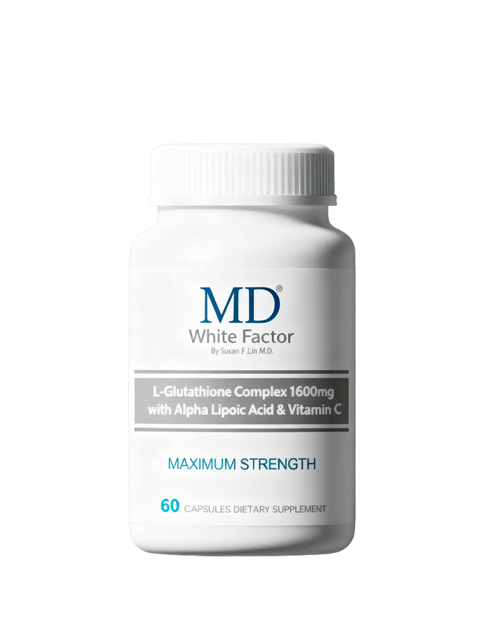MD White Factor 1600mg glutathione supplement bottle for skin brightening and antioxidant support
