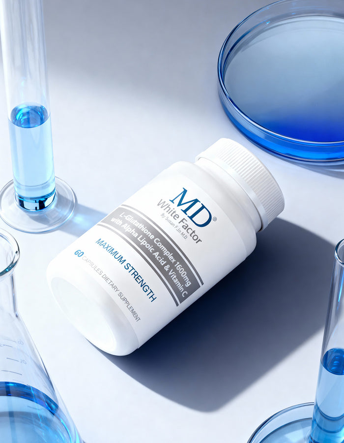 Ingredient breakdown of reduced L-glutathione, vitamin C, and alpha-lipoic acid in MD® White Factor
