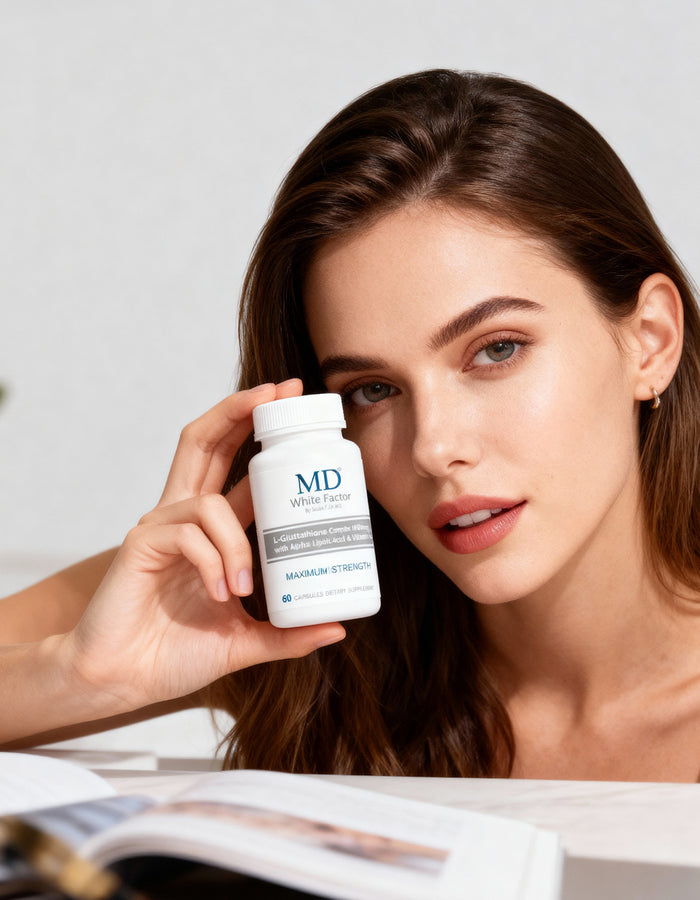 MD White Factor supplement facts show pharmaceutical-grade purity and vegan, non-GMO certification.