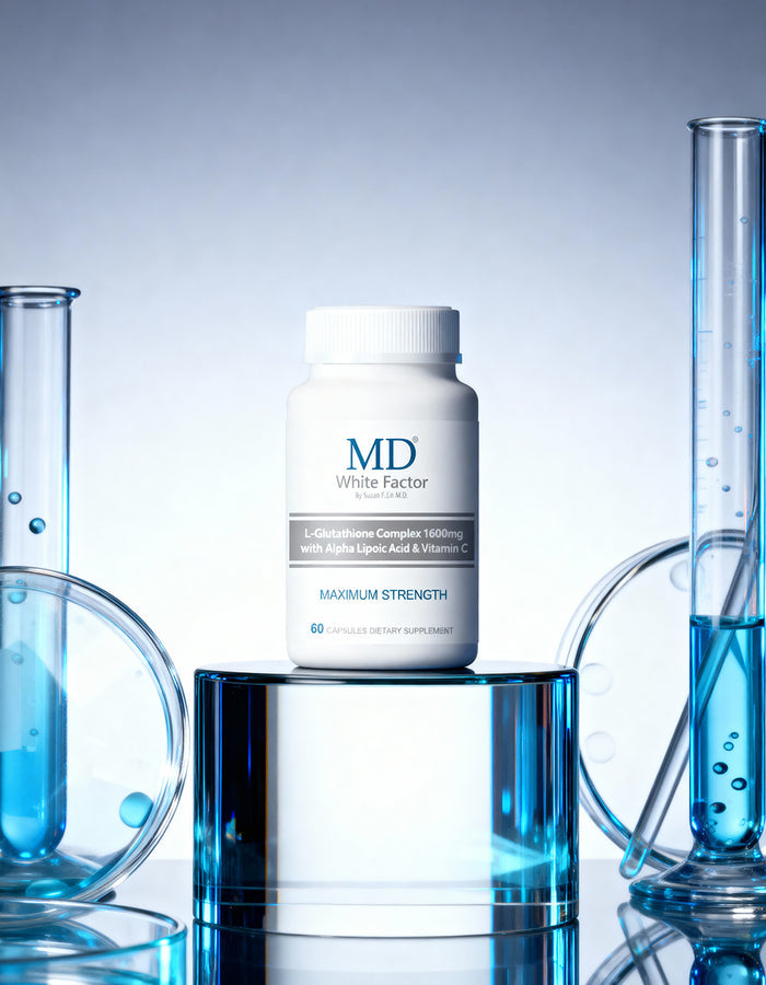 A high-end morning wellness ritual featuring skin brightening capsules and hydration for daily glow.