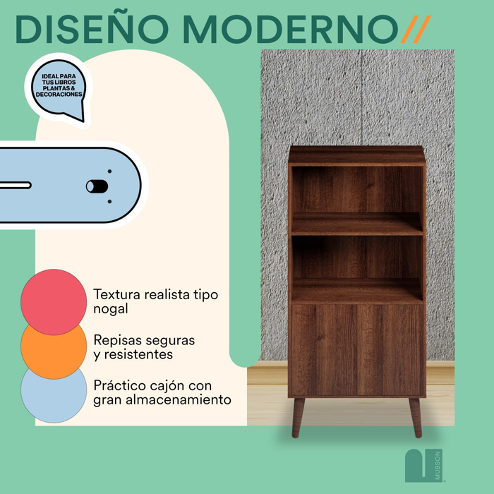 Mubson Librero con 3 Repisas y Puertas. Estante Lugo