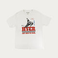 White t-shirt with graphic design and text on a white background
