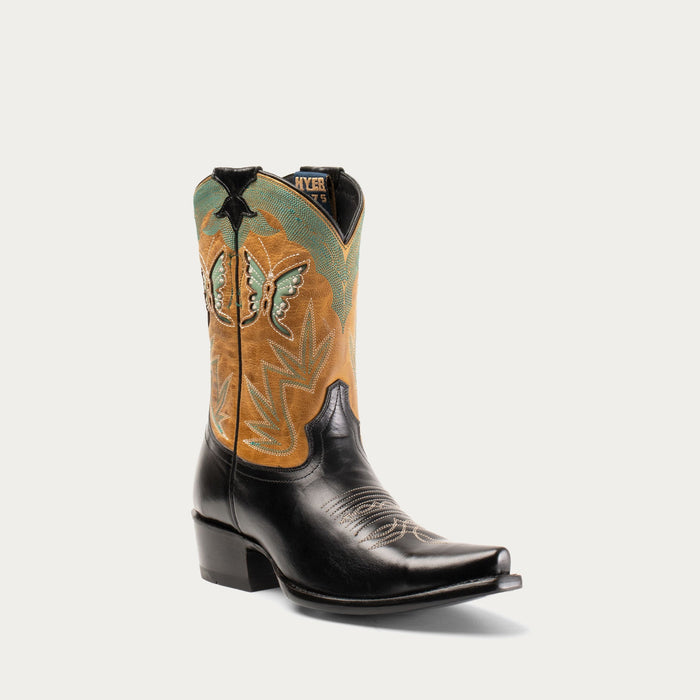 A women's cowboy boot with black leather uppers, colorful butterfly inlays on the sides, and a snipped toe.