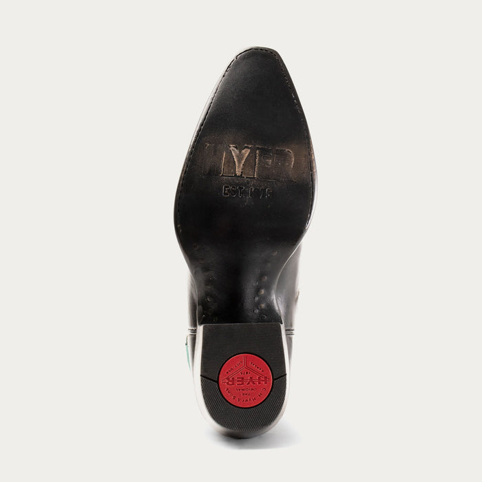 Detail shot of cowgirl boot showing black leather sole with "Hyer" branding details