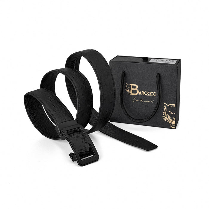 Ostrich-Emb. Leather Lion Auto BKL Belt – Blackout BLACK/BLACK
