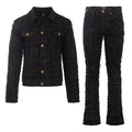 Patchwork Distressed Denim Jacket + Jeans SET - BLACK - Dudes Boutique